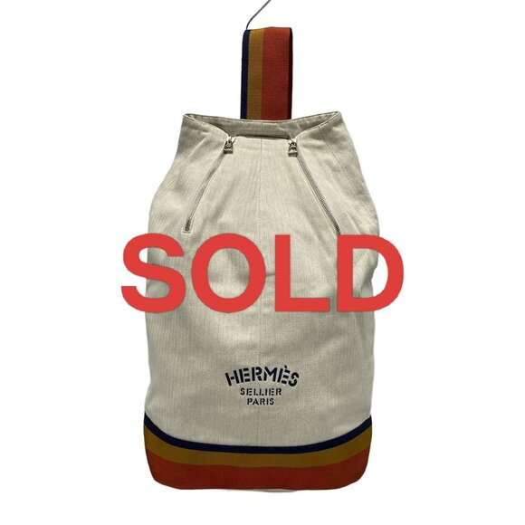 HERMES Cavalier Cream Red Brown Toile chevron Polyamide Backpack 534-060425